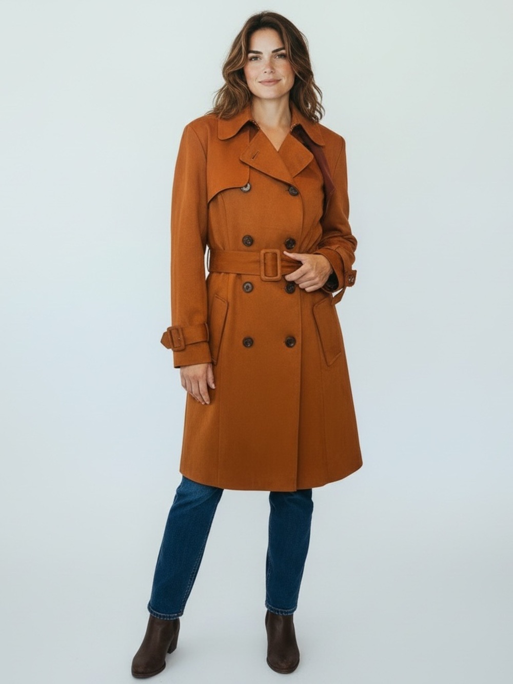 Elie by Elie Tahari Rust Suede Trench Coat with Belted waist sleeves lined Sz Lg
